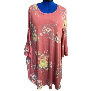 Women’s Peach Floral Dress Size 2X, POCKETS, Bell Sleeves‎